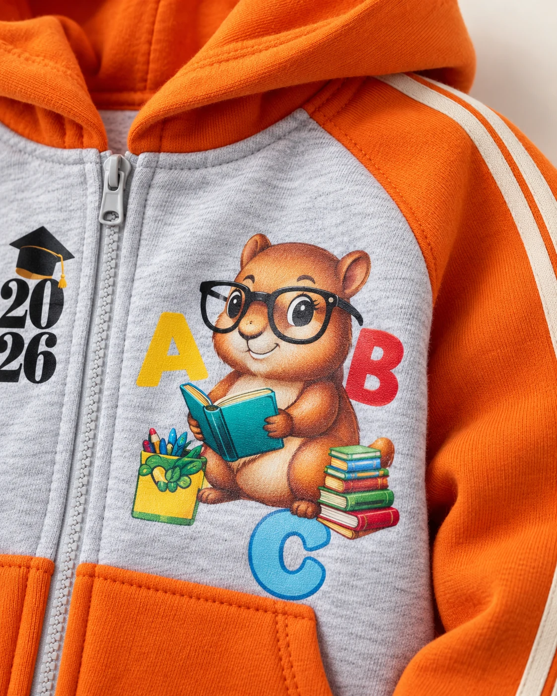 Campera naranja y gris de frisa premium con una ardilla y letras aplicadas en DTF. Vista de detalle.