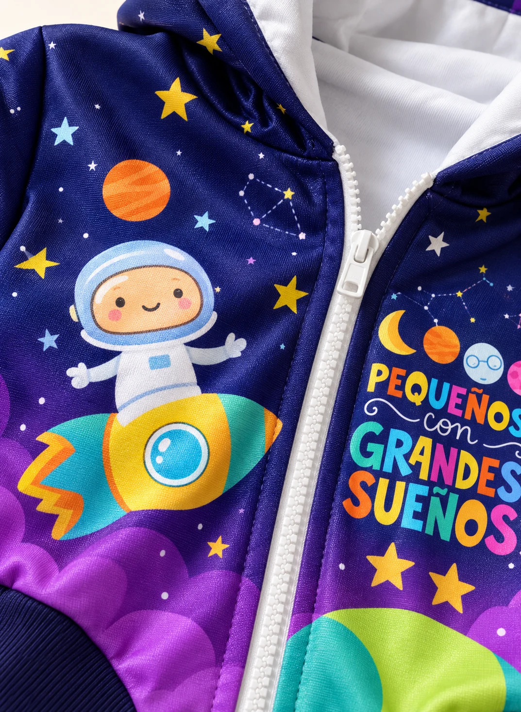Campera azul y violeta con diseño espacial sublimado sobre tela deportiva de brillo suave. Vista de detalle.