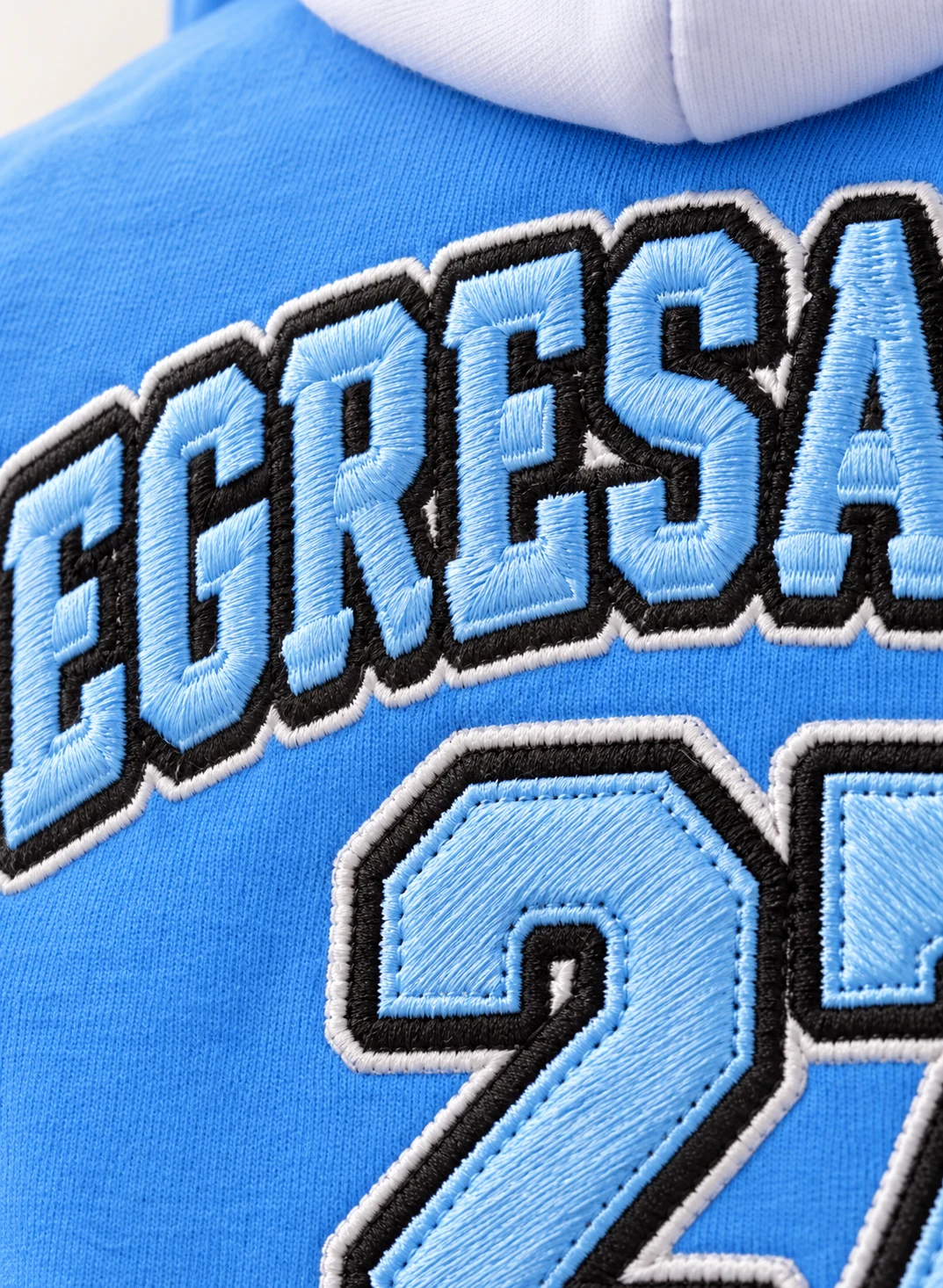 Campera celeste y blanca de frisa premium con letras bordadas y parche del año cosido. Vista de detalle.