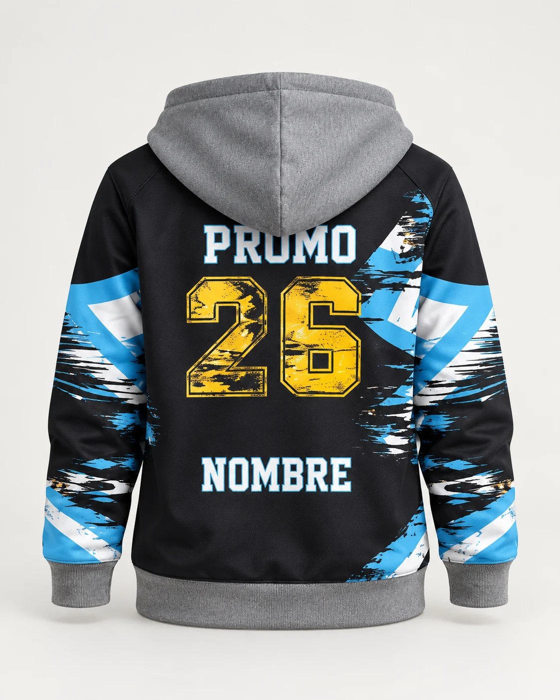 Campera negra, celeste y blanca con capucha gris y diseño Promo 26 sublimado sobre tela deportiva. Vista de espalda.