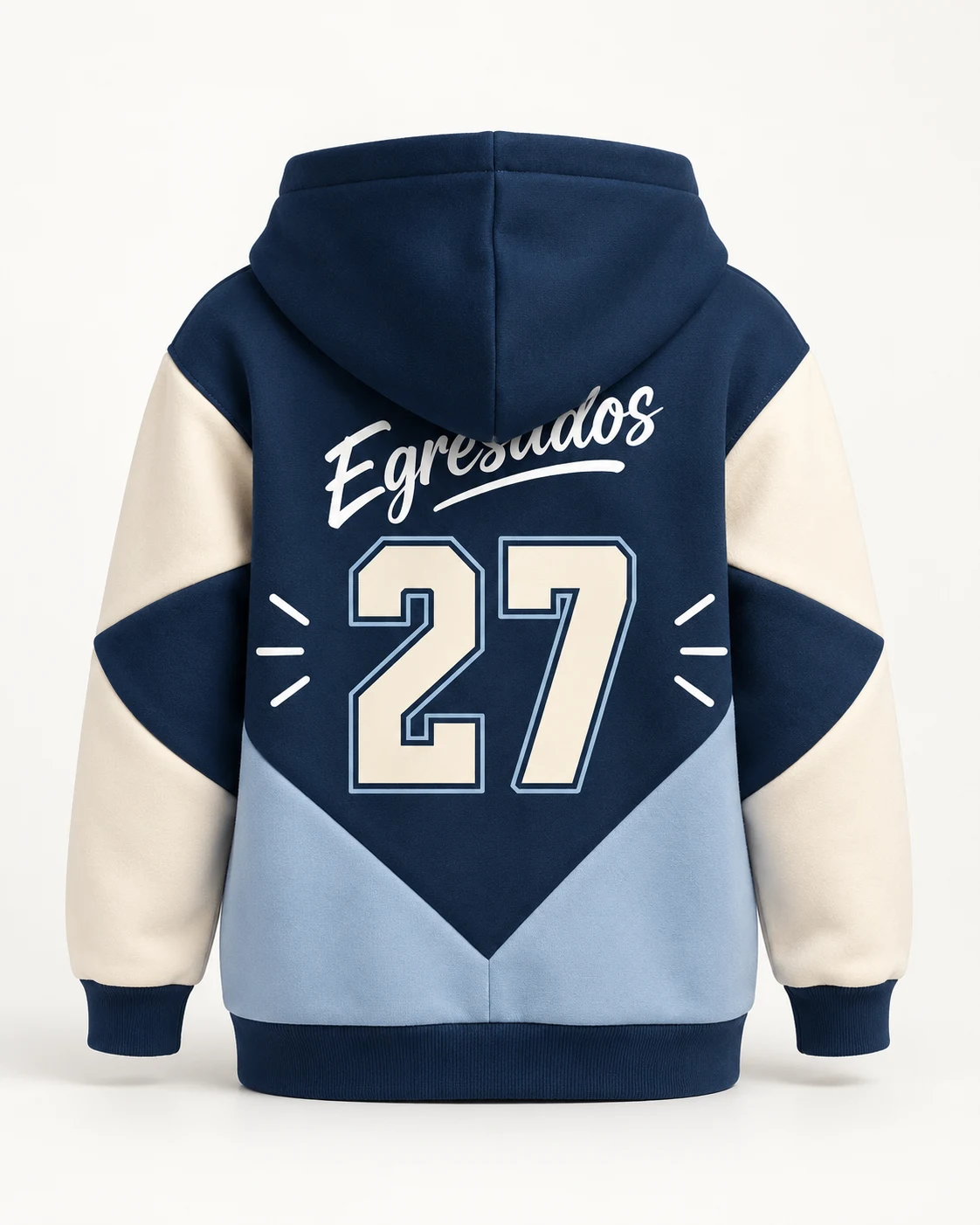 Campera azul marino, crema y celeste de frisa premium con Egresados 27 aplicado en DTF. Vista de espalda.