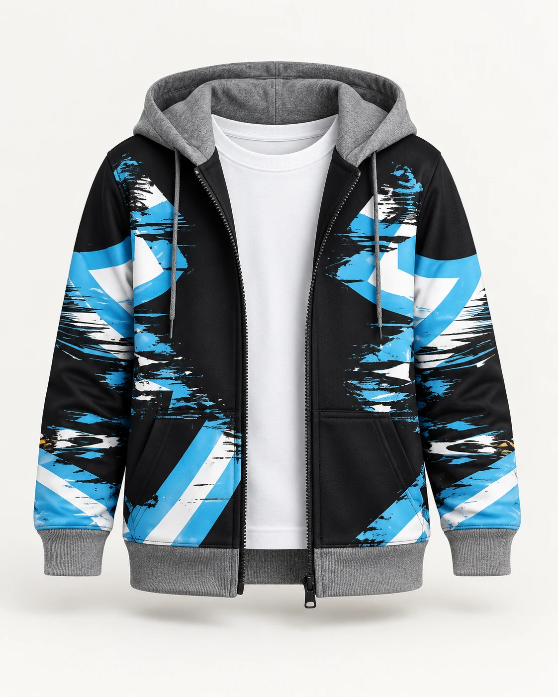 Campera negra, celeste y blanca con capucha gris y diseño Promo 26 sublimado sobre tela deportiva. Vista de frente.