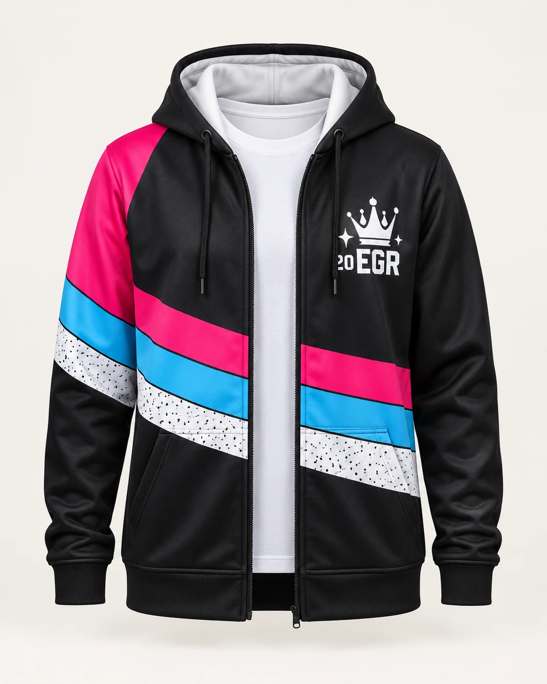 Campera negra con franjas fucsia, celeste y blanca y diseño Egresados 26 sublimado sobre tela deportiva. Vista de frente.