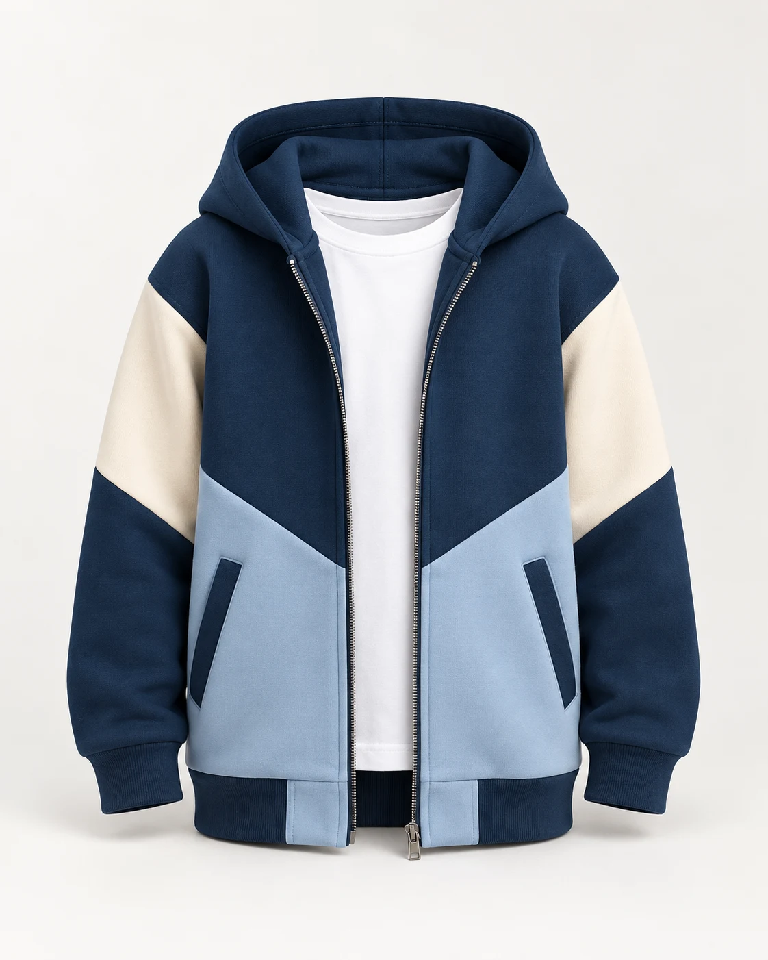 Campera azul marino, crema y celeste de frisa premium con Egresados 27 aplicado en DTF. Vista de frente.