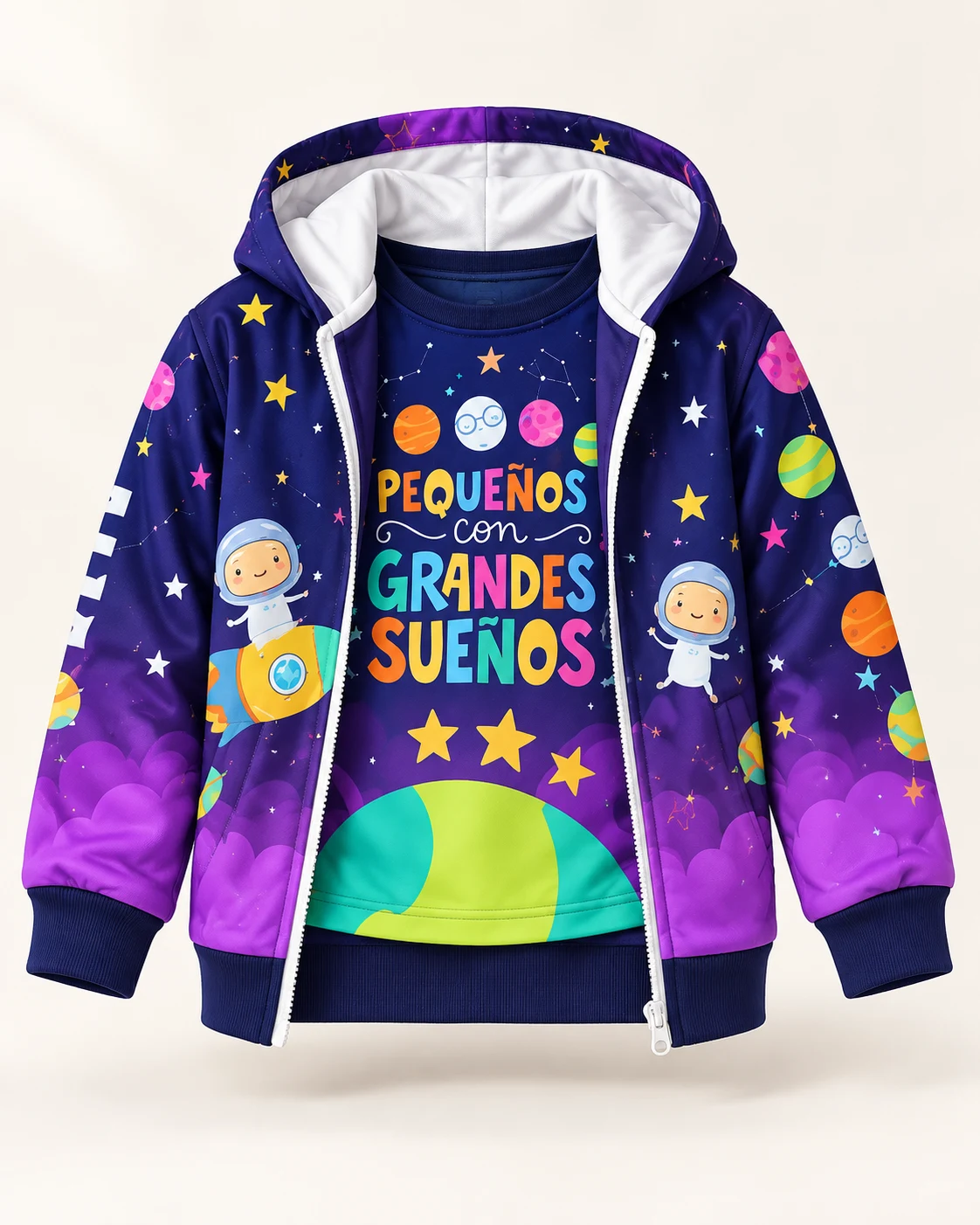 Campera azul y violeta con diseño espacial sublimado sobre tela deportiva de brillo suave. Vista de frente.