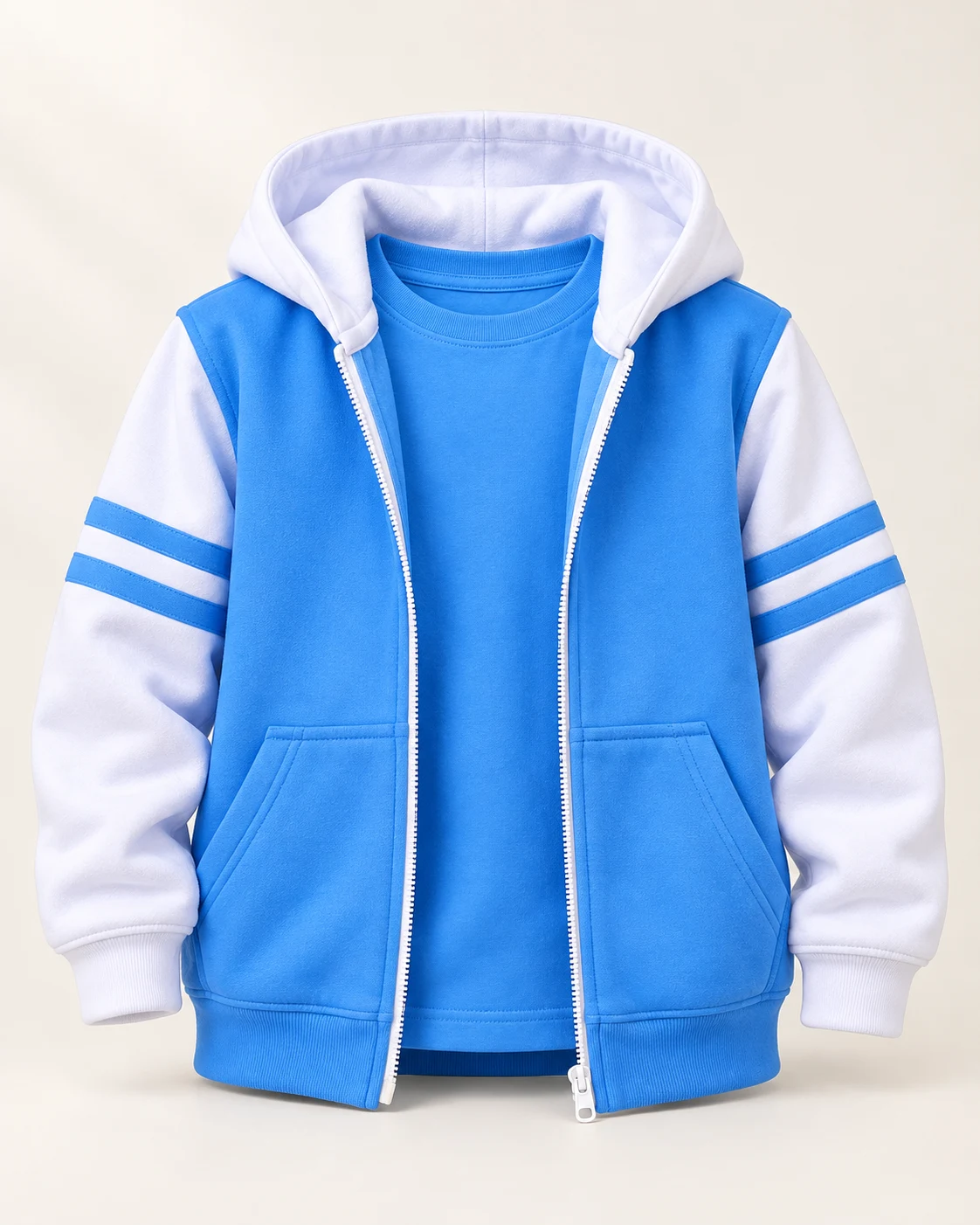 Campera celeste y blanca de frisa premium con letras bordadas y parche del año cosido. Vista de frente.