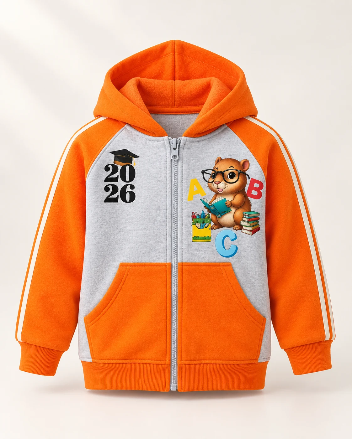 Campera naranja y gris de frisa premium con una ardilla y letras aplicadas en DTF. Vista de frente.