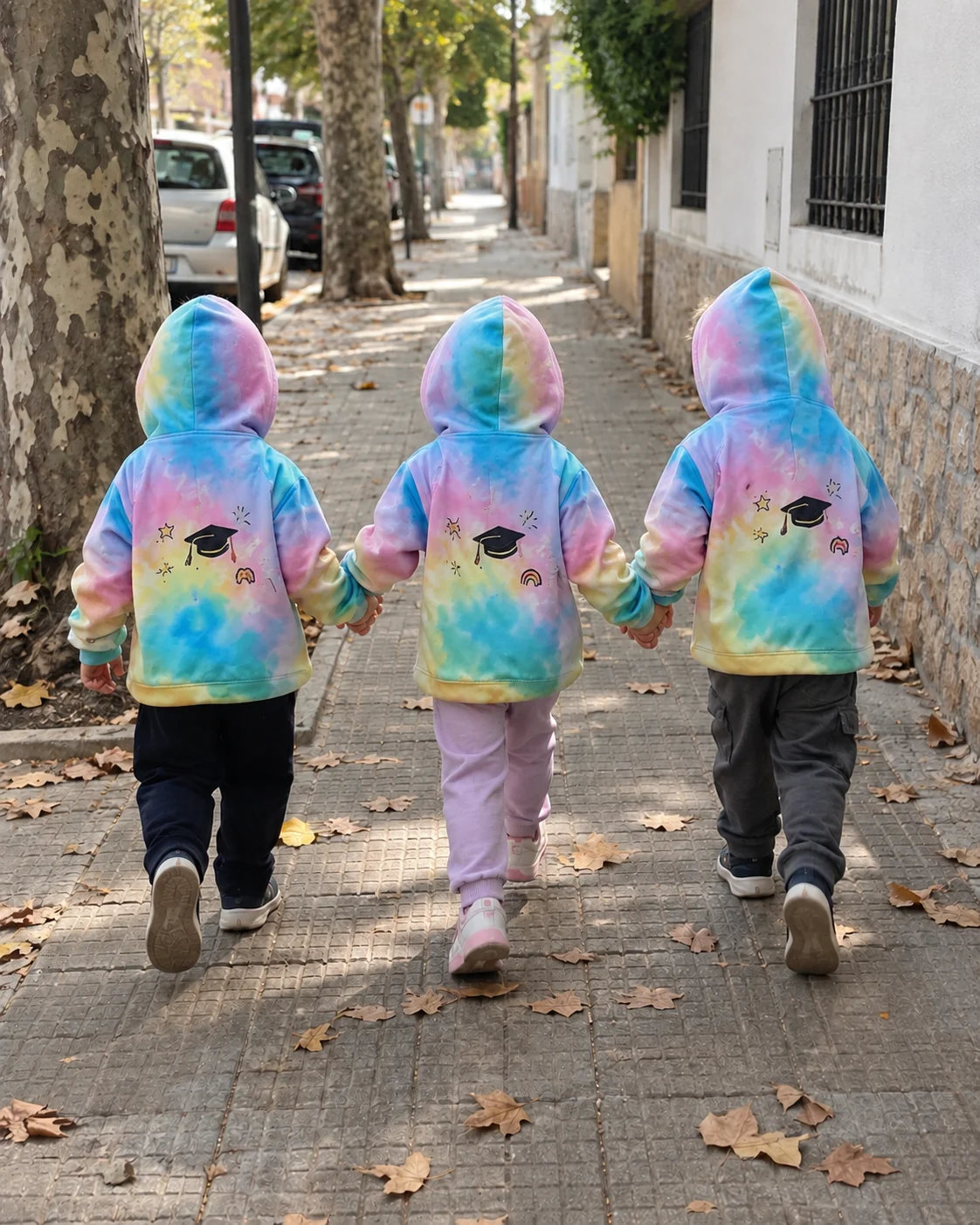 Escena generada con IA: tres chicos caminando con camperas pastel y capuchas puestas.