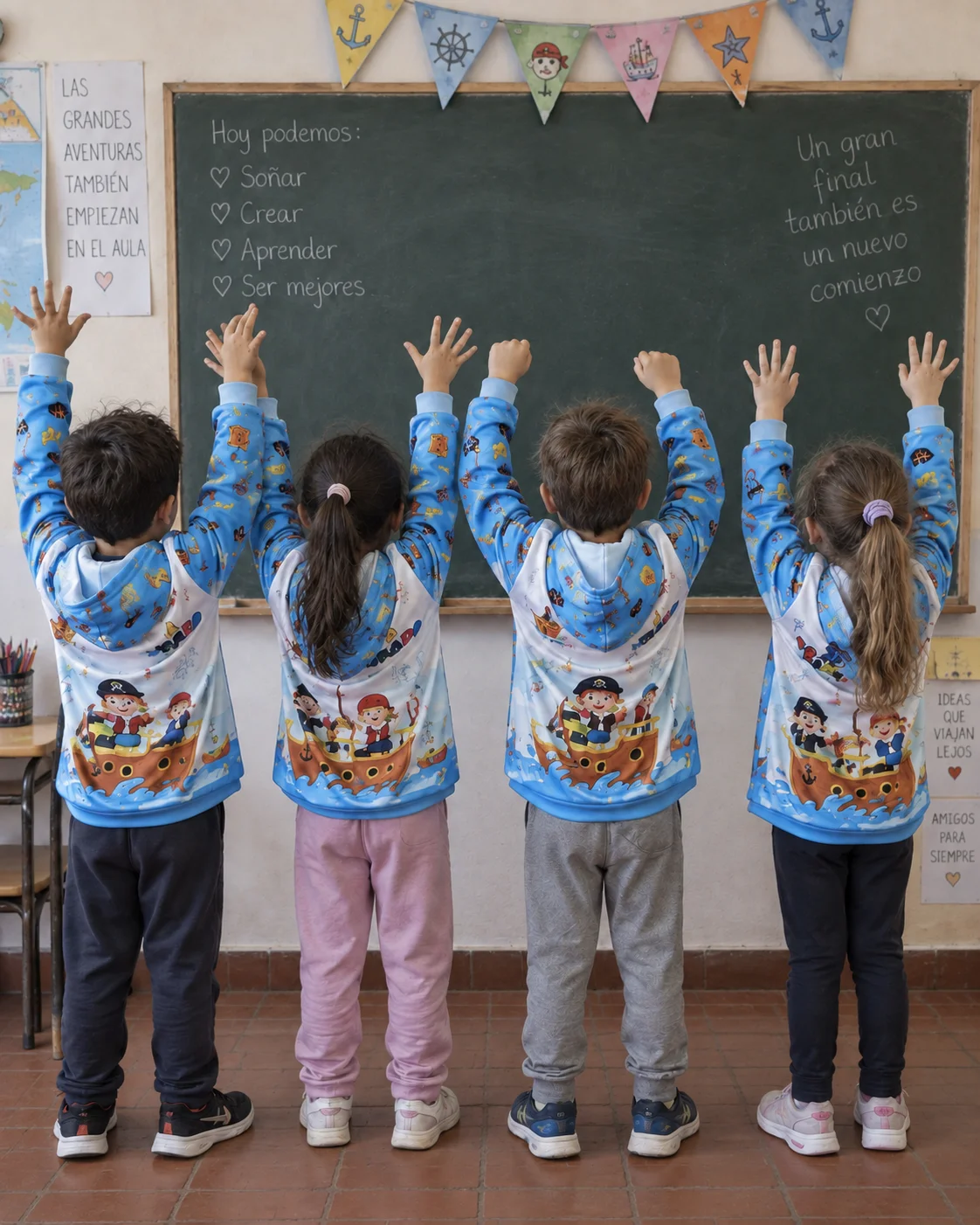 Escena generada con IA: cuatro chicos con camperas de piratas en un aula.