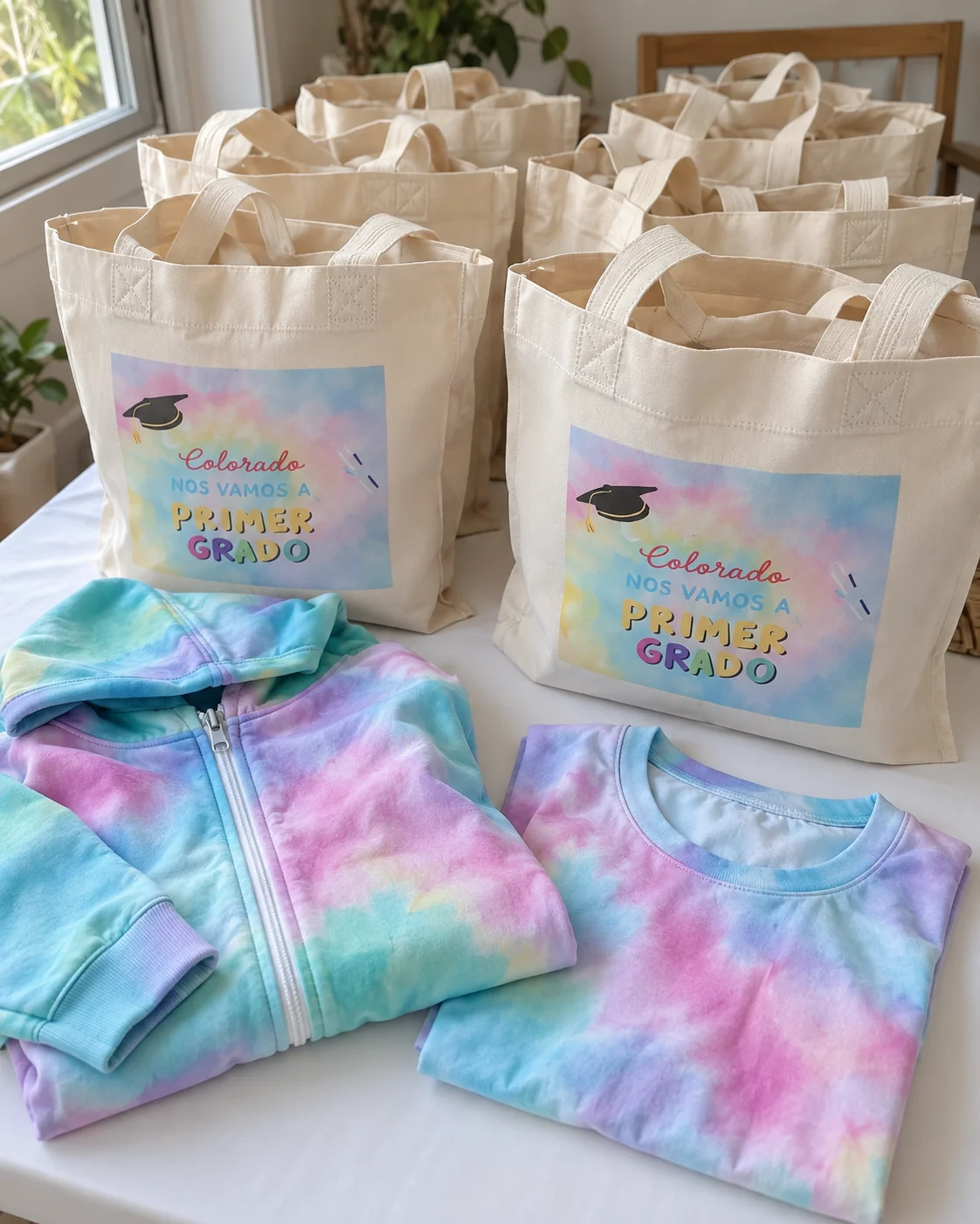 Imagen generada con IA: prendas pastel y bolsas sobre una mesa.