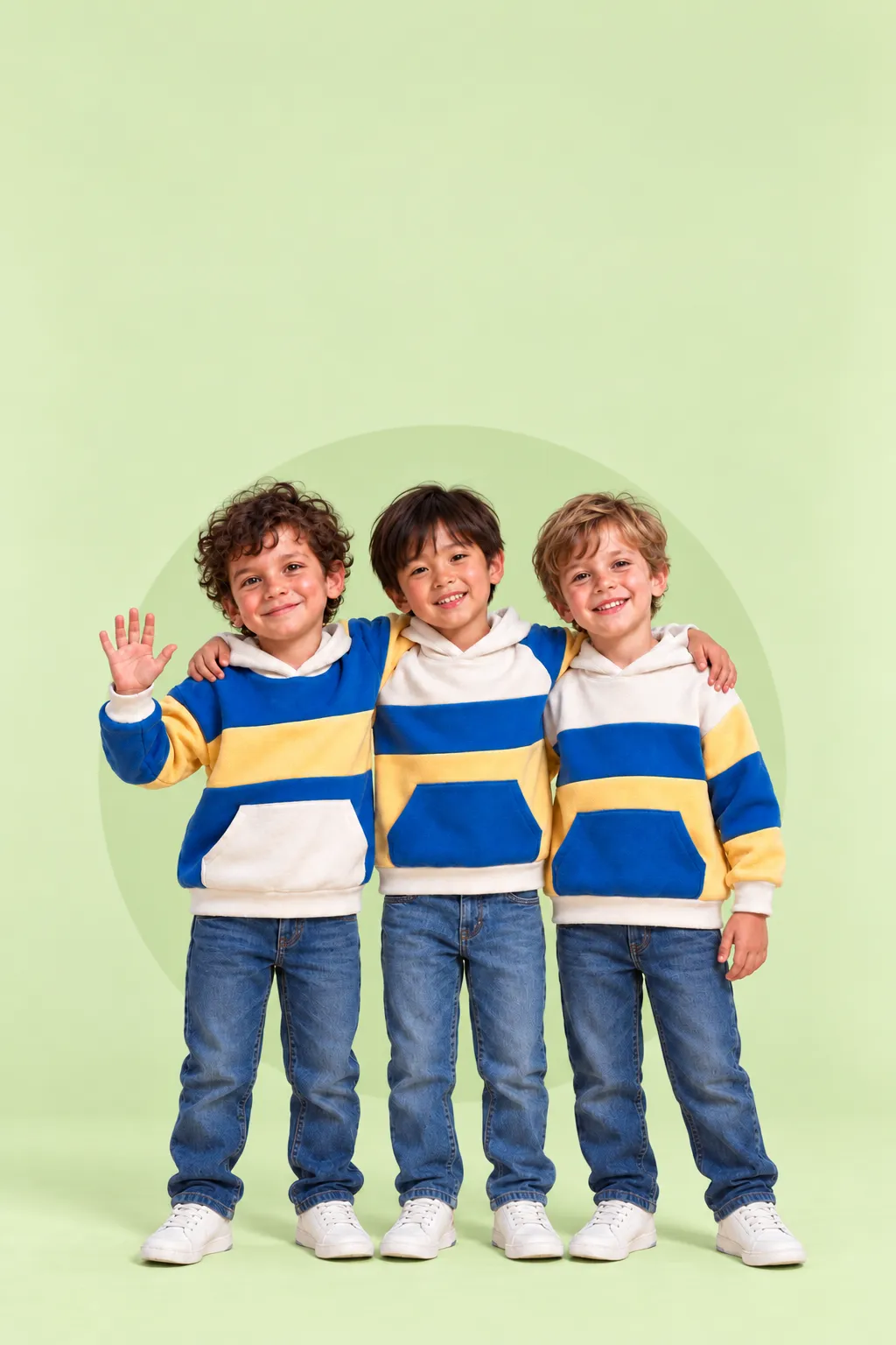 Imagen generada con IA de tres nenes abrazados por los hombros, uno saludando, con jeans y buzos azules y amarillos sobre fondo verde claro.