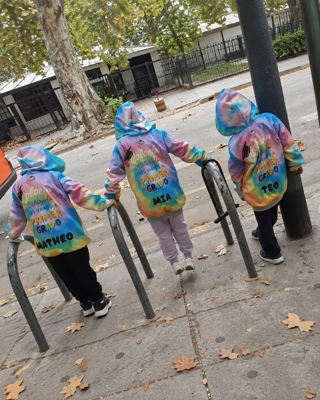Tres chicos con camperas de egresados en tonos pastel, fotografiados de espaldas al aire libre.